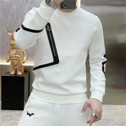 Spring Autumn Autumn Alta qualidade Luxo Camiseta redonda de pescoço masculino Trendslim Manga longa Jacquard Pullovers tops para homens