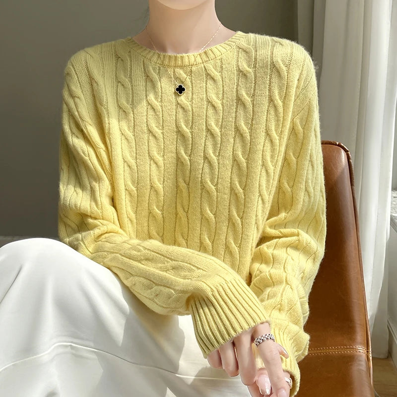 Autumn and Winter round Neck Loose Thick Women's Twist Knitted Sweater Long Sleeve Pullover Bottoming Shirt Lazy Top