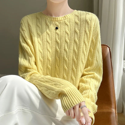 Autumn and Winter round Neck Loose Thick Women's Twist Knitted Sweater Long Sleeve Pullover Bottoming Shirt Lazy Top