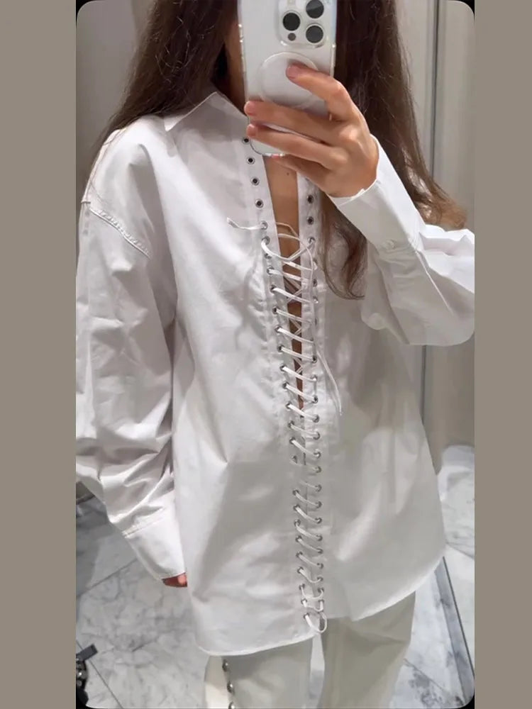 Sexy Bandage Women's Shirt Long Sleeve Lapel Loose White Female T-shirt 2025 Spring Summer Street Fashion Hollow Out Lady Tops
