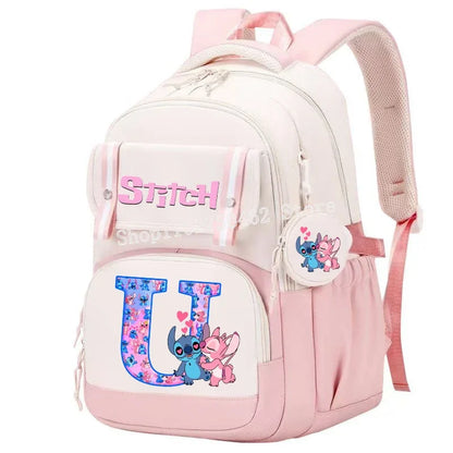 Stitch Angel Backpack Girls Disney Anime Letter A-Z Schoolbags Student School Shoulders Bag Outdoor Sport Travel Rucksack Gift