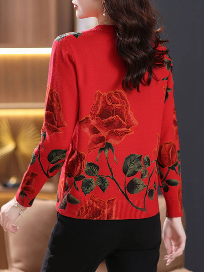 YISU Fashion Women Sweater O-Neck Knitted pullove long sleeves Female Casual Loose soft Rose printing Women clothing