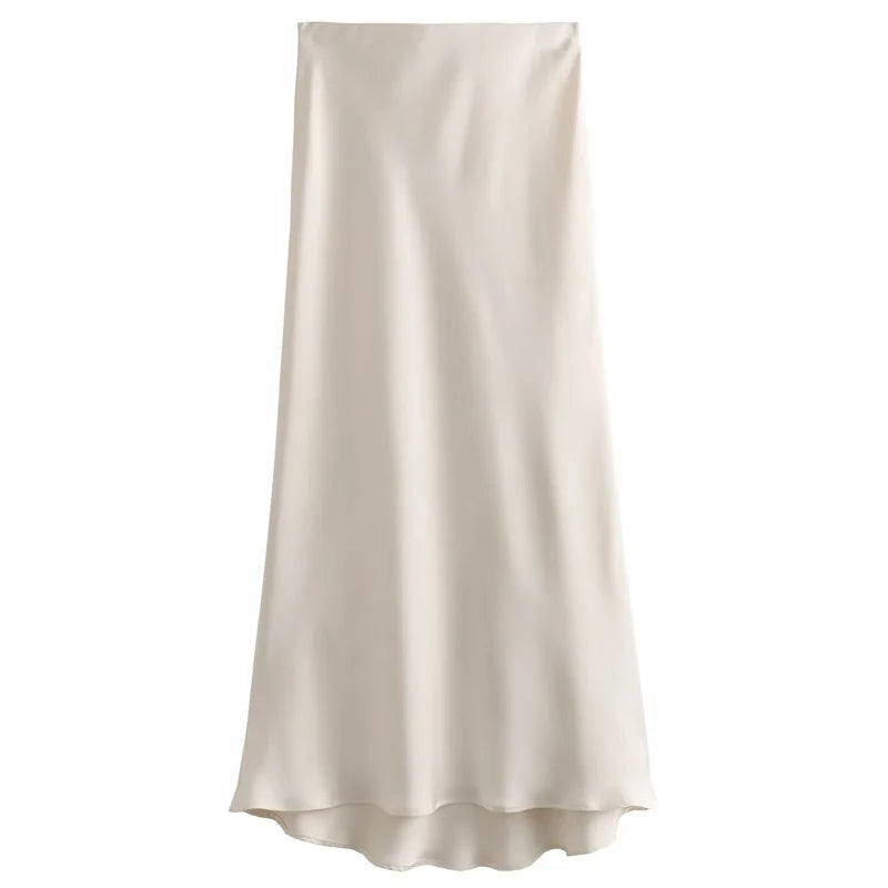 HXAO Women's Satin Long Skirts Black White Green Khaki Skirt Summer Elegant Women's Skirts Luxury Smooth High Waist Skirts 066