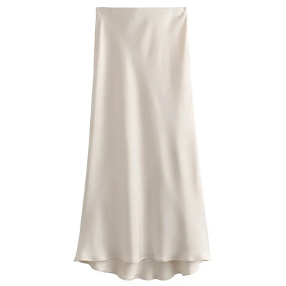HXAO Women's Satin Long Skirts Black White Green Khaki Skirt Summer Elegant Women's Skirts Luxury Smooth High Waist Skirts 066