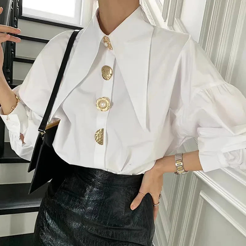 Bijele elegantne biserne žene košulje korejski oštar kutni ovratnik labavi dugi rukavi dame bluza y2k moda novi chic ženski vrhovi