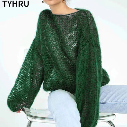 TYHRU Women's Knitted Sweaters Lady Hollow out Mesh Thin Pullover See Through Look Lantern Sleeve Loose Tops Smock