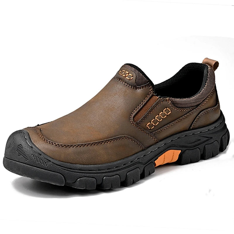 Genuine Leather Mens Slip on Shoes Hand Stitched Male Hiking Footwear Leisure Outdoor Treking Shoes New Antiskid Travel Trainers