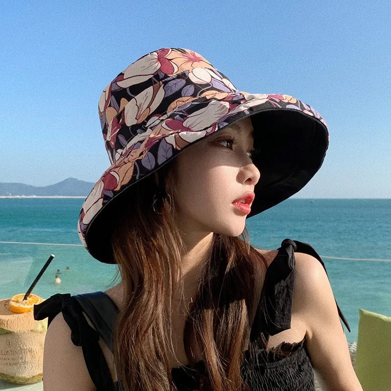 Women's Summer Double-Sided Print UV Protection Sun Hat Face Covering Fishing Cap Breathable Baseball Cap Fashionable Accessory