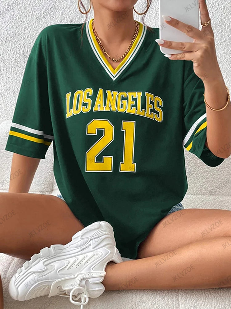 New Los Angeles No.21 Printed T-Shirt For Women Summer  V-Neck Short Sleeve Sports Football Jersey Y2K Loose Oversized Tops
