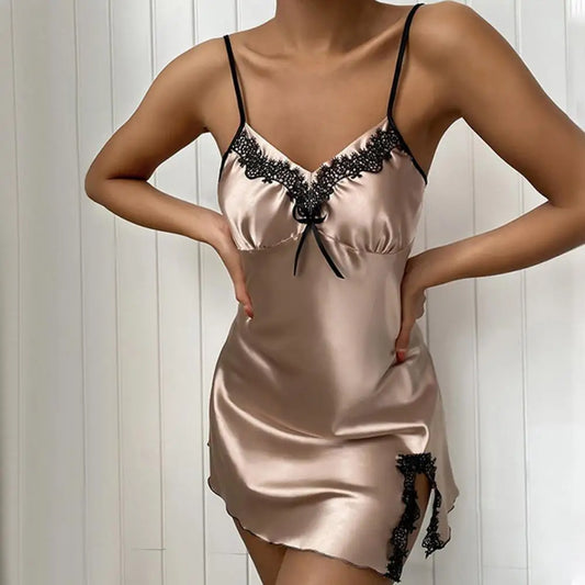 Women Nightdress V Neck Sexy Lace Bow Nightgown Split Sleepwear Silk Loungewear Spaghetti Strap Babydoll Lingerie Sleep Dress