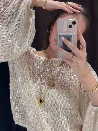 Sequins holur út pullovers konur frjálslegur laus kringl