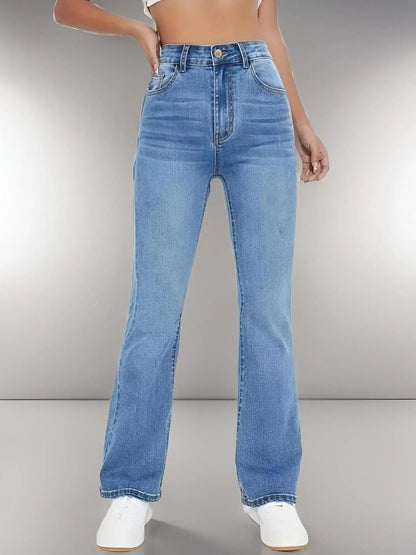 Nya kvinnors heta jeans bantar europeisk och amerikansk stil avslappnad mångsidig hög midja tvättade denimbyxor för kvinnor
