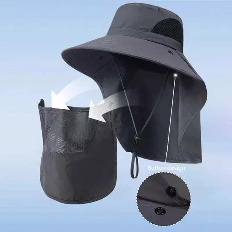 New Wide Brim Sun Cap with Neck Flap for Men Women Adjustable Outdoor 50+UPF Protection Safari Cap Hiking Fishing Breathable Hat
