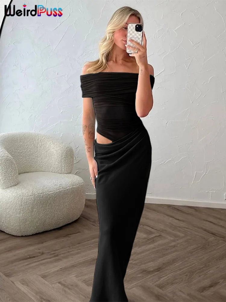 Seltsame kuschelgerüste unregelmäßige Kleid Frauen Mesh Patchwork Slash Neck Kurzarm Dünne Stretchtrend elegante lange Bodycon -Outfits