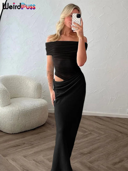Seltsame kuschelgerüste unregelmäßige Kleid Frauen Mesh Patchwork Slash Neck Kurzarm Dünne Stretchtrend elegante lange Bodycon -Outfits
