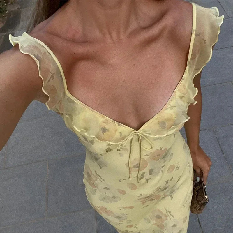 Rochii retro v gât de culoare galbenă fără mâneci imprimeu maxi rochie lungă elegantă, înaltă talie înaltă petrecere de vacanță feminină vestidos