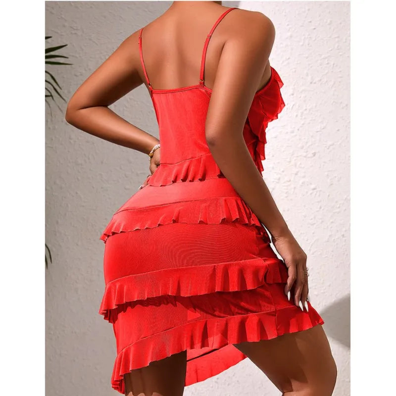 Sexy Night Dress Multi Layered Ruffles Pajamas Dress Golden Chain Pearls Nightgown Mesh Suspender Nightie Home Wear Tiered Skirt