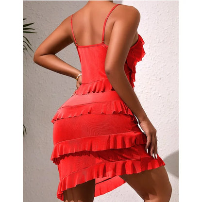Sexy Night Dress Multi Layered Ruffles Pajamas Dress Golden Chain Pearls Nightgown Mesh Suspender Nightie Home Wear Tiered Skirt