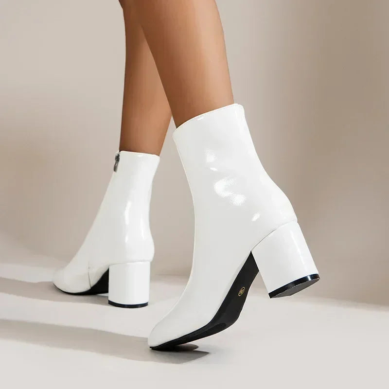 Bottes de cheville blanche pour femmes Side Zipper Stretch Middle Talon grande taille Boot Boot Fashion Point Pointed chaussures Botas de Mujer 2024