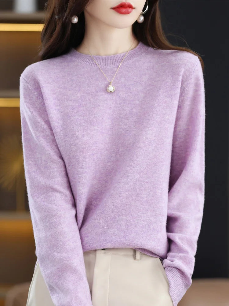 Mode 100% merino ull kvinnors tröja o-hals långärmad pullover vår höst vinter bast Jumper kläder stickkläder toppar