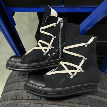 Casual skor män mode par ro hexagon lyx designer tjock sula svarta kvinnor platt zip ankel stövlar hög topp duk sneakers