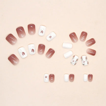 24 PCs Short French Gradient Simple Floral Nails with 1 Jelly Glue and 1 Nail File
