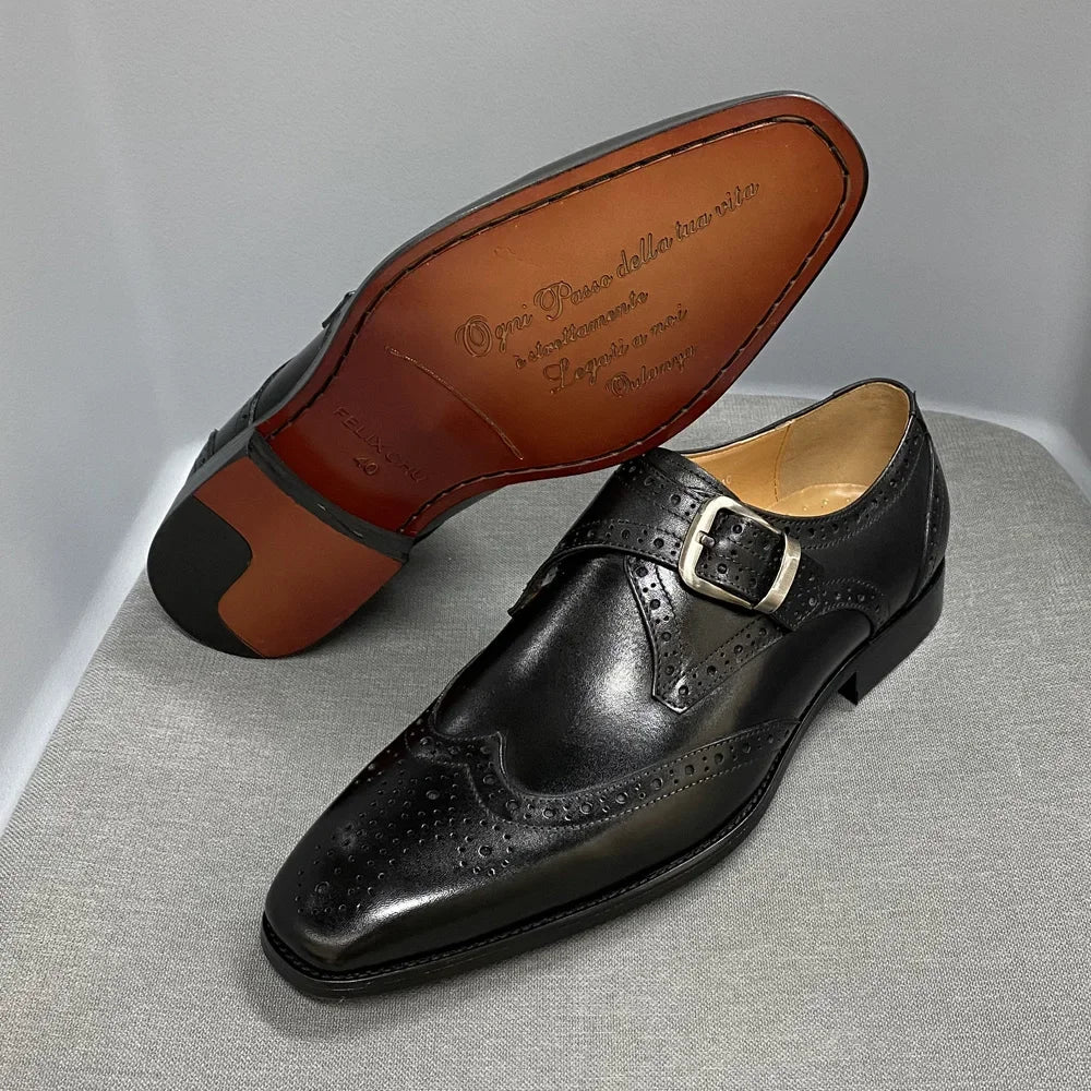 Men's Luxury Genuine Leather Wingtip Oxfords Italian Monk Strap Buckle Brogue Dress Shoes for Business Wedding Formal Wear