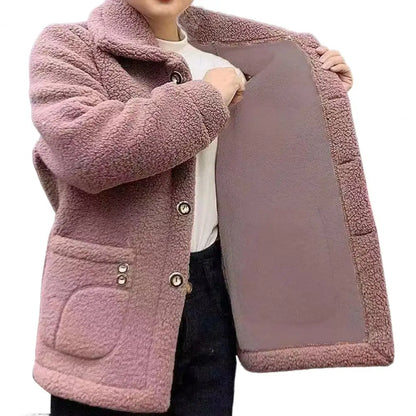 Winter Fleece Coat Single-breasted With Side Pockets Turn-down Collar Coat Coldproof Solid Color Long Sleeves Outwear Jacket