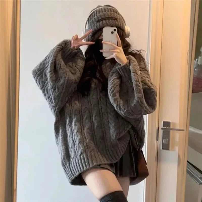Haust vetrar konur peysa harajuku stór prjónað pullovers kóreska langerma v háls prjóna preppy solid laus stökkvari