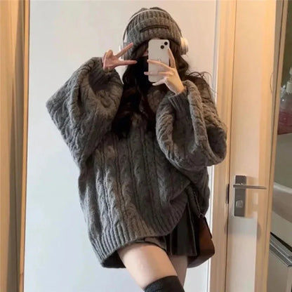 Haust vetrar konur peysa harajuku stór prjónað pullovers kóreska langerma v háls prjóna preppy solid laus stökkvari