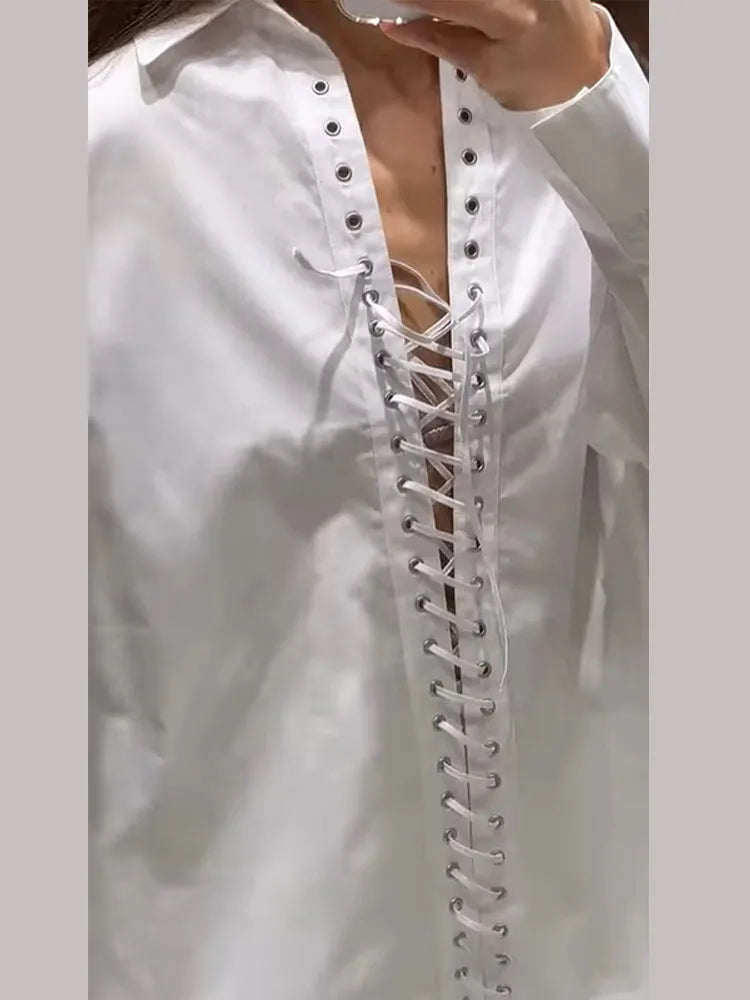 Sexy Bandage Women's Shirt Long Sleeve Lapel Loose White Female T-shirt 2025 Spring Summer Street Fashion Hollow Out Lady Tops