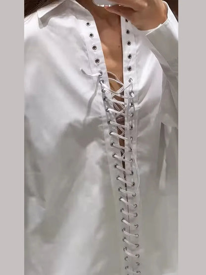 Sexy Bandage Women's Shirt Long Sleeve Lapel Loose White Female T-shirt 2025 Spring Summer Street Fashion Hollow Out Lady Tops
