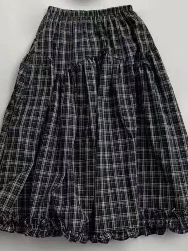 Retro Bla Plaid High Waist A-Line Midi Skirt Women's Summer New Sle Full Skirt Hem Lace Trim Umbrella Skirt