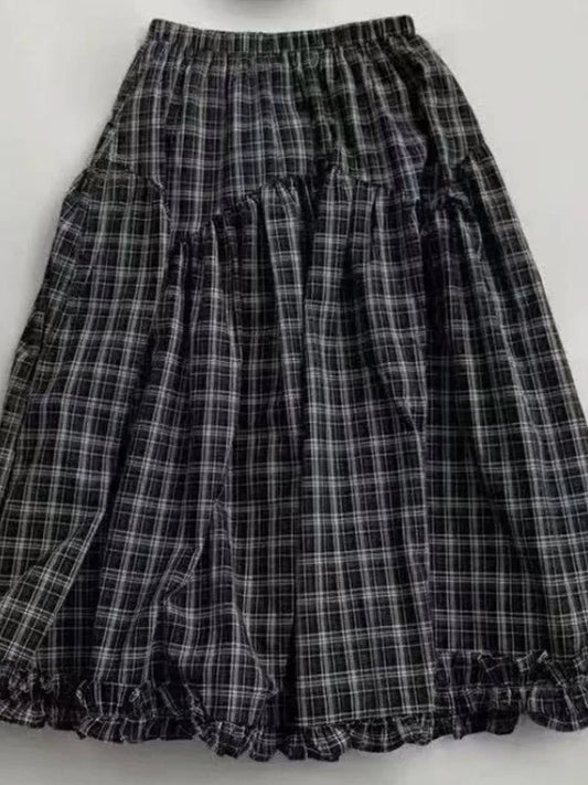 Retro Bla Plaid High Waist A-Line Midi Skirt Women's Summer New Sle Full Skirt Hem Lace Trim Umbrella Skirt