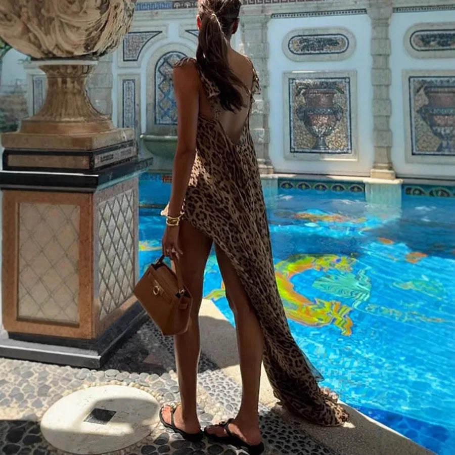 Été pour la femme 2025 Robe de vacances à la plage Ensemble de robe en mousseline de mousseline licou robe longue robe léopard à imprimé léopard élégant tenue décontractée