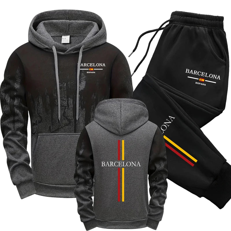 2025 Hot Sale Men's Tracksuit Hooded Sweatshirt Sweatpants Barcelona Print Hoodie 2 Piece Set Autumn Home Outdoor Comfort Outfit