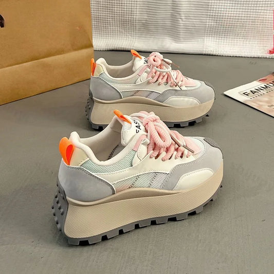 Spring Autumn New 2025 Women's Platforms Sneakers Breathable Mesh Non Slip Casual Shoes Comfortable Cross Tied Vulcanized Shoes