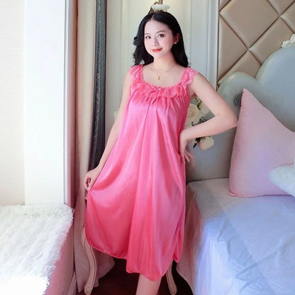 Summer Women Nightgown New Brides Wedding Lace Sexy Ice Silk Nightdress Loose Large Size Simulation Silk Nightgown Home Service
