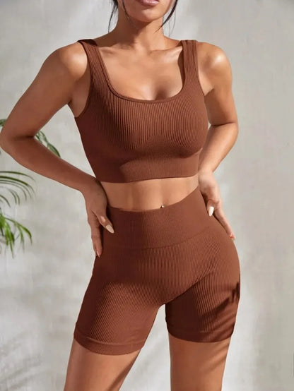 Seamless gerippte Yoga -Sets Trainingssets für Frauen 2 Stücke Fitnessstudio -Anzüge gerippte Crop Tank High -Taille -Shorts Outfits Fitness Running