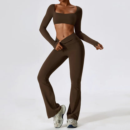 Women Tracksuit Gym Yoga Suit 2PCS Tight Fitting Sports Set Workout Breathable T Shirts Bra Tank Top Loose Bell-bottoms Leggings