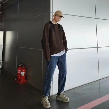 2025 Haust áhafnarháls Solid Color Pullover peysur fyrir karla frjálslegur y2k prjónað peysa High Street Fashion Jumpers Hombre
