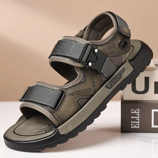 Handmade Men Summer Open Toed Sandals Genuine Leather Comfy Casual Shoes Breathable Beach Sandals Lightweight Outdoor Work Male