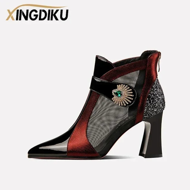 2022 Summer Mesh andningsbara sandaler med strass dekorationformade klackar retro brittisk stil sandaler läder stövlar kvinnor