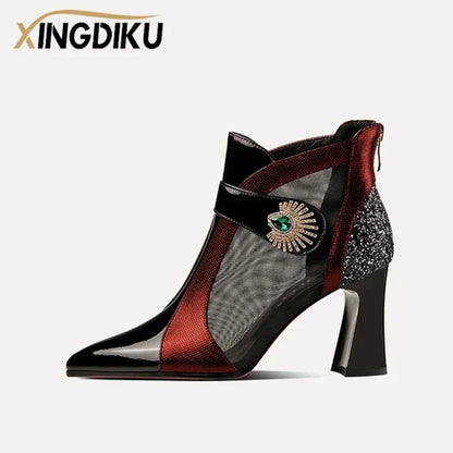 2022 Summer Mesh andningsbara sandaler med strass dekorationformade klackar retro brittisk stil sandaler läder stövlar kvinnor