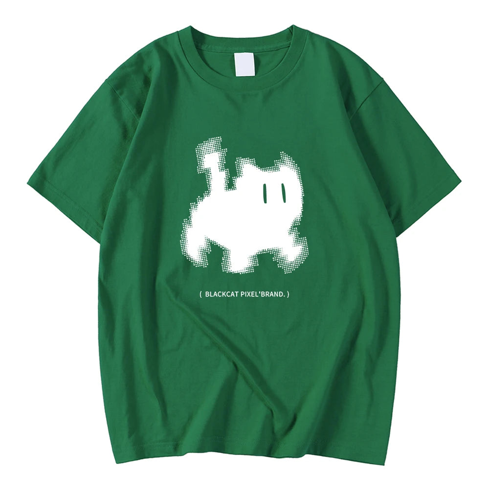 Koreanska mode kvinnors t-shirts svart katt pixel tecknade tryck toppar bekväma mjuka o-hals lösa korta ärm kvinnliga kläder