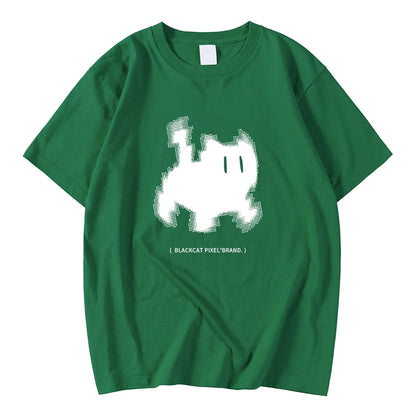 Koreanska mode kvinnors t-shirts svart katt pixel tecknade tryck toppar bekväma mjuka o-hals lösa korta ärm kvinnliga kläder
