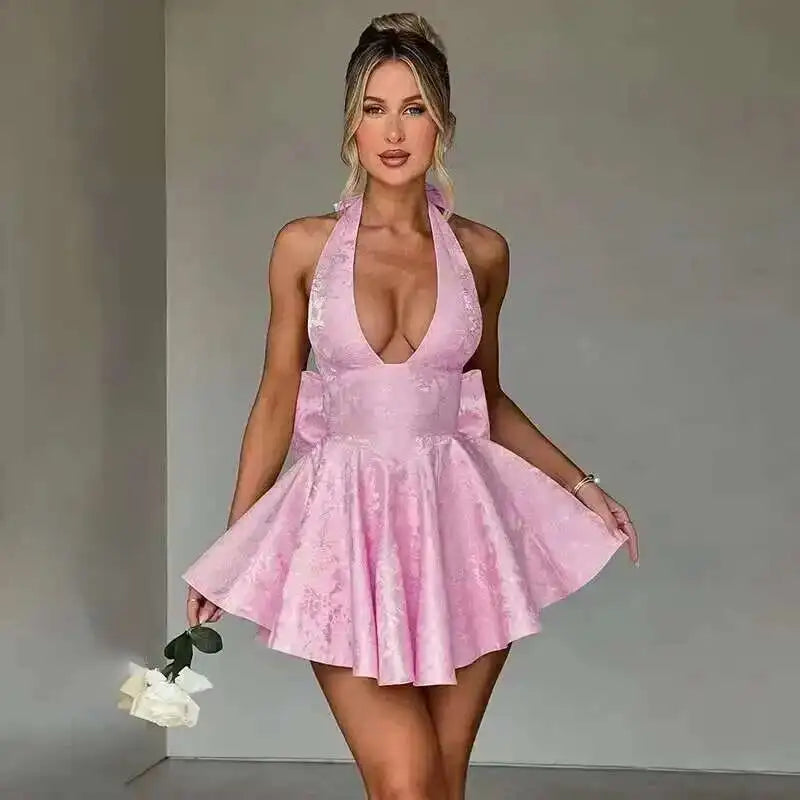 Townlike Jacquard Waist Wrap A-line Dress Women Mini 2024 Spring Summer Dress Elegant Bow Backless Sexy Party Dresses