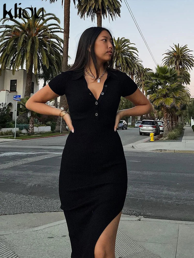 Kliou elegante escritório senhora maxi vestido mulher mulher sólida gola giratória de gola curta manga curta fenda lateral manto de rua em forma de corpo
