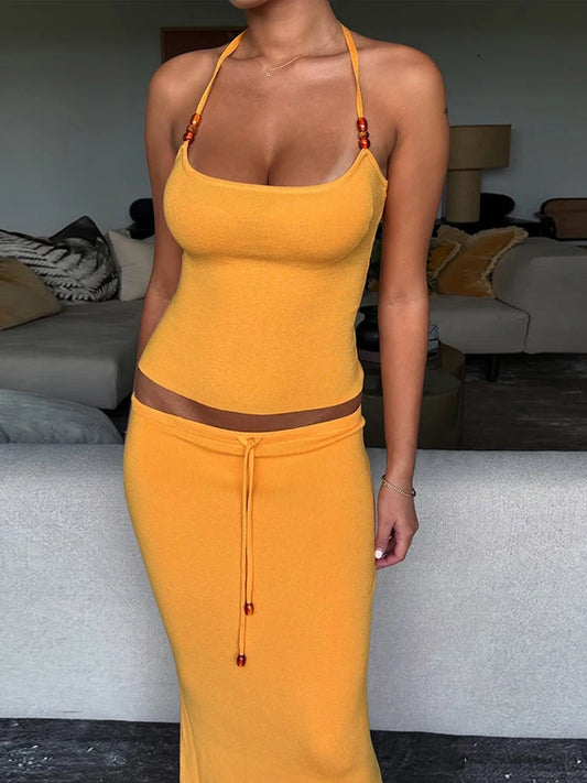 Sisterlinda Simple Summer Matching In Sets Classic Solid Bandage Halter Backless Tanks+Maxi Skirts Female Basic High Street Suit