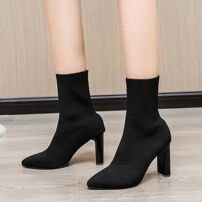 Womens Fashion Heeled Ankle Boots Autumn Pointy Solid Color Stretch Knitted Sock Boots Women Chunky Slip on Shoes Plus-size 43